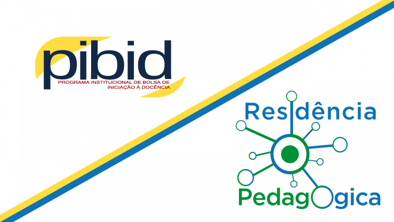 Logotipo do Pibid &agrave; esquerda, nas cores azul marinho, amarelo e vermelho; logotipo do Resid&ecirc;ncia Pedag&oacute;gica &agrave; direita, nas cores azul e verde.