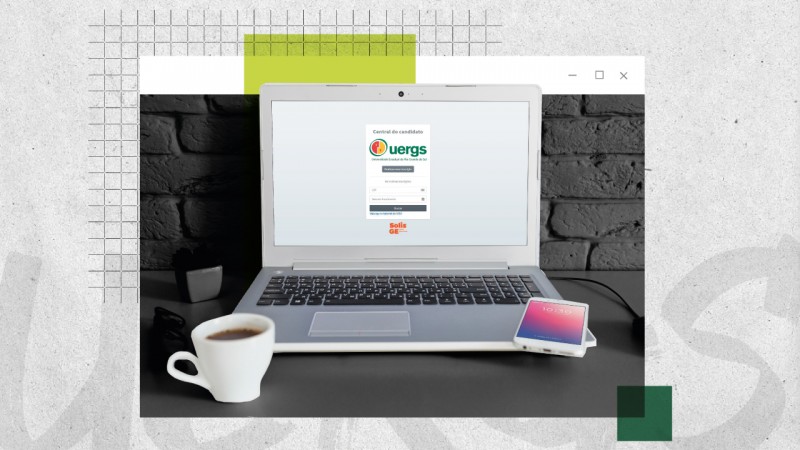 Ao centro, imagem de um notebook sobre uma mesa. Em sua tela, a p&aacute;gina da Central do Candidato. Pr&oacute;ximo ao equipamento, um smartphone e uma x&iacute;cara com caf&eacute;. 