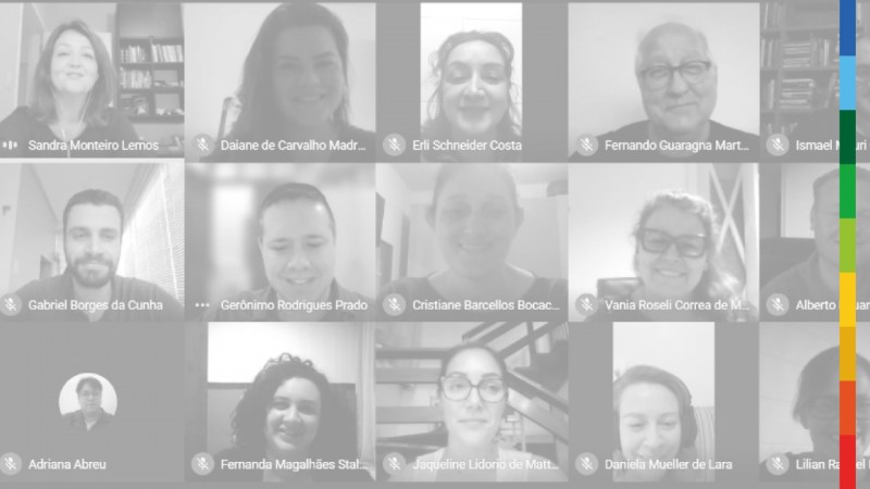 Imagem em preto e branco de uma v&iacute;deochamada com 15 pessoas sorridentes, sendo 10 mulheres e 5 homens. Na lateral direita da imagem, uma faixa colorida vertical.