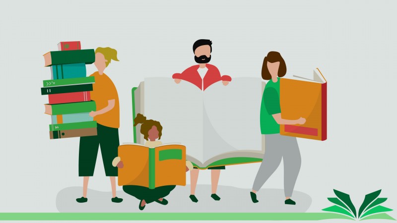 Desenho oclorido. Tr&ecirc;s mulheres e um homem segurando livros.