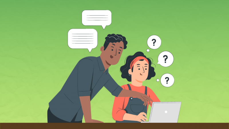 Imagem com fundo verde com uma barra marrom na parte inferior. Ao centro, ilustra&ccedil;&atilde;o de dois jovens, sendo um homem negro e uma mulher morena, olhando e apontando para um notebook. &Agrave; sua volta, bal&otilde;es de fala e pontos de interroga&ccedil;&atilde;o.