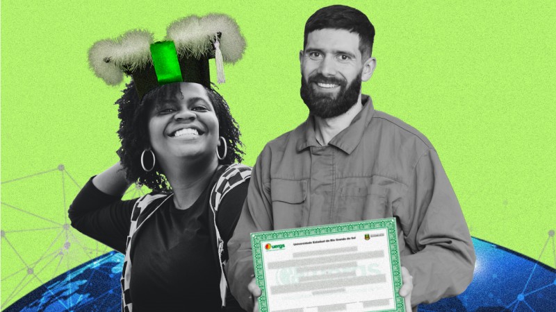 Imagem colorida de fundo verde claro. Sobre uma imagem de um globo terrestre com s&iacute;mbolos de conex&otilde;es, aparece a foto de dois jovens sorridentes em preto e branco. Ela &eacute; negra e usa um capelo de formatura com detalhes em verde na cabe&ccedil;a. Ele &eacute; moreno claro, usa barba grossa e segura um diploma nas m&atilde;os.