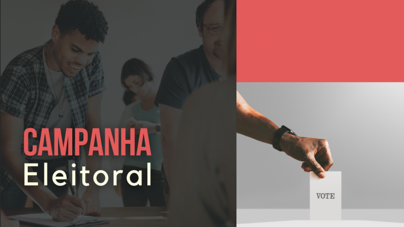 Imagem colorida. &Agrave; esquerda, foto de 2 homens e 1 mulher em uma fila de vota&ccedil;&atilde;o, com uma mulher de costas, sentada de frente para eles. &agrave; direita, v&ecirc;-se uma m&atilde;o com pele negra e rel&oacute;gio de pulso preto colocando um papel escrito "vote" em uma urna.