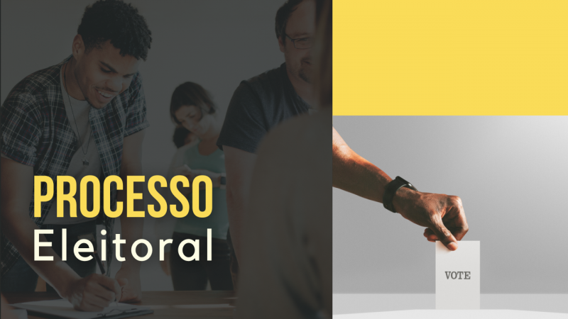 Imagem colorida. &Agrave; esquerda, foto de 2 homens e 1 mulher em uma fila de vota&ccedil;&atilde;o, com uma mulher de costas, sentada de frente para eles. &agrave; direita, v&ecirc;-se uma m&atilde;o com pele negra e rel&oacute;gio de pulso preto colocando um papel escrito "vote" em uma urna.