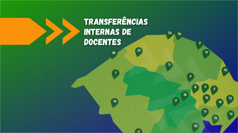 Imagem com fundo degrad&ecirc; de verde e azul. Na parte superior, uma barra unida a 3 setas em cor de laranja, seguida do texto Transfer&ecirc;ncias Internas de Docentes. Na parte inferior direita, o mapa do RS com as Unidades da Uergs.