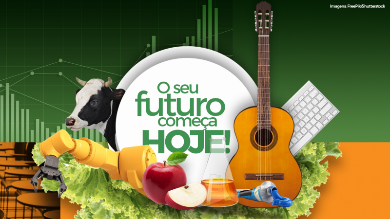 Imagem colorida, dividida ao meio entre as cores verde e laranja. Ao centro, sobre elipse branca, l&ecirc;-se O seu futuro come&ccedil;a HOJE. Ao redor, os elementos: vaca leiteira, teclado de computador, viol&atilde;o, folhas de alface, Erlenmeyer, tubo de tinta, ma&ccedil;&atilde;, bra&ccedil;o rob&oacute;tico. 