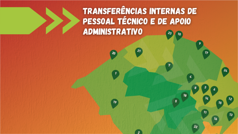Imagem com fundo degrad&ecirc; de vermelho e amarelo. Na parte superior, uma barra unida a 3 setas em cor verde, seguida do texto Transfer&ecirc;ncias Internas de Pessoal T&eacute;cnico e de apoio Administrativo. Na parte inferior direita, o mapa do RS com as Unidades da Uergs.