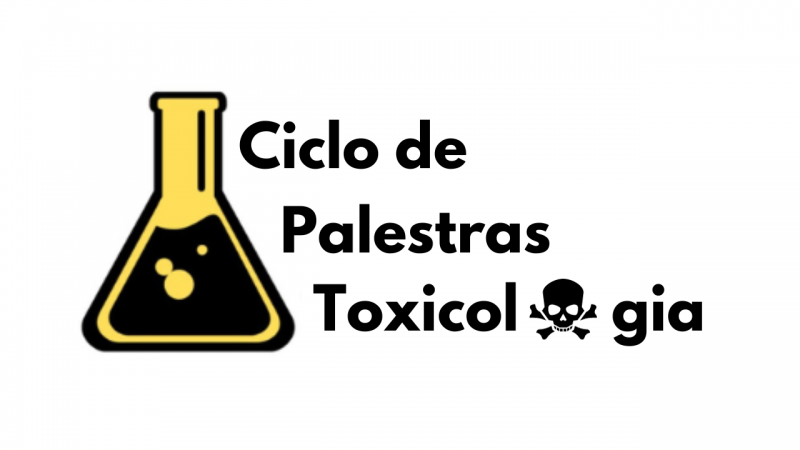 Fundo branco. Imagem peto e amarelo de um tubo de ensaio Erlenmeyer. Ao lado, l&ecirc;-se Ciclo de Palestras Toxicologia.